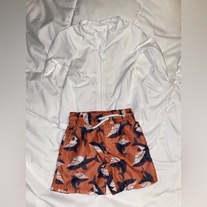 White Rash Guard and Shark Print Swim Shorts